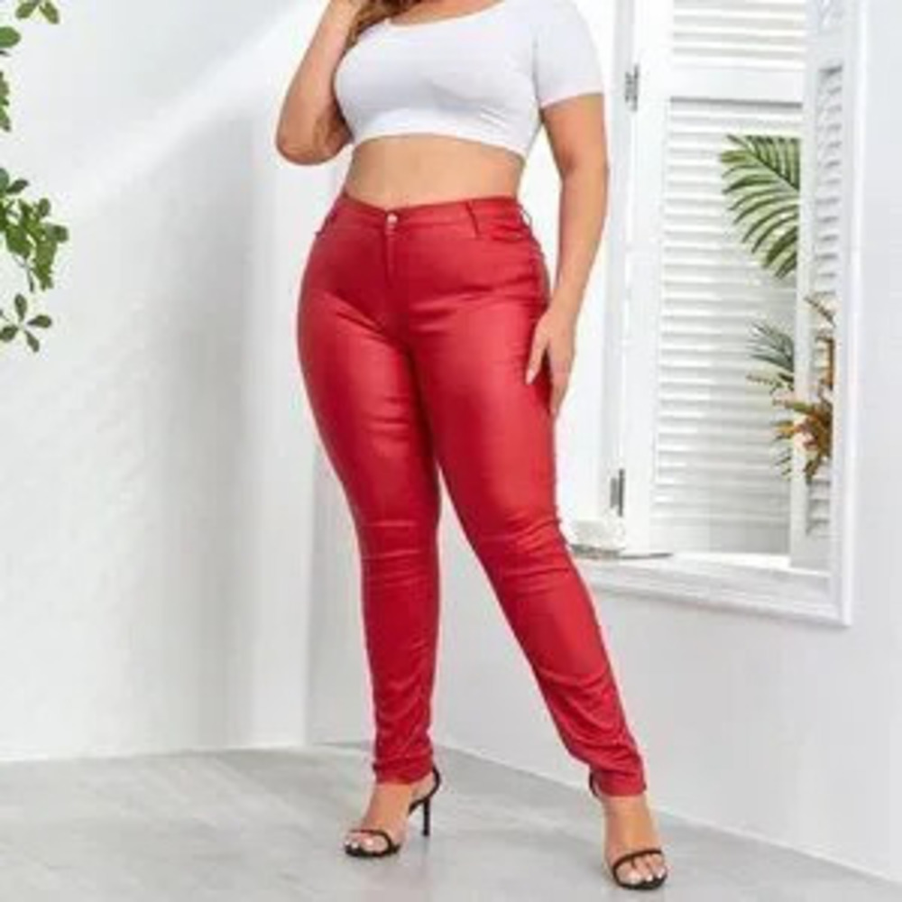 Red Casual Women's Plus Size High Waist Faux Leather Pants